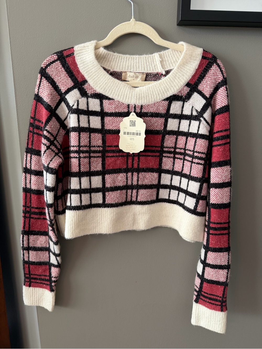 Altar'd State Pink, Cream & Black Plaid Cropped Crewneck Sweater. Medium